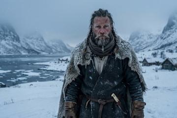A photorealistic illustration of an early Viking settler enduring the harsh 'Fimbulwinter' in 6th-century Norway.